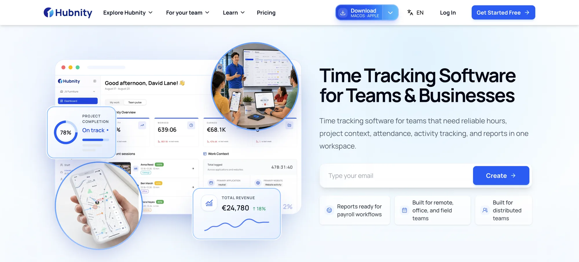 Hubnity-Website: „Time Tracking Software for Teams & Businesses“ mit Team-Dashboard, Projektfortschritt, mobiler GPS-Karte und Umsatz-Widgets