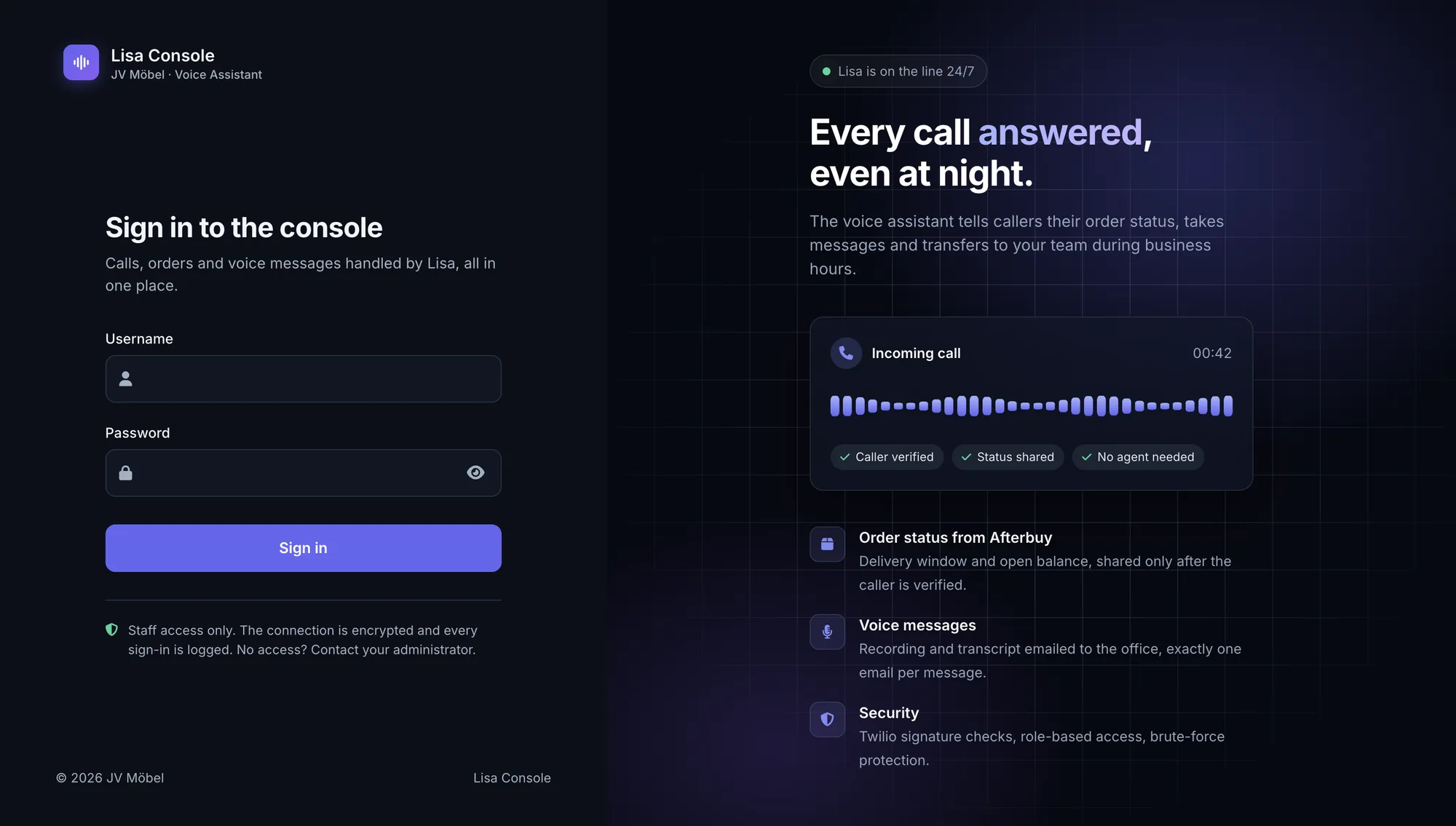 Anmeldeseite der Lisa Console: „Every call answered, even at night.“ mit einem verifizierten, ohne Mitarbeiter gelösten Anruf